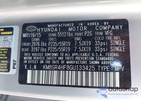 2016 Hyundai Santa Fe Limited z USA, uszkodzony, nr VIN KM8SR4HF8GU133425